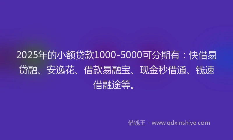 2025年的小额贷款1000-5000可分期有：快借易贷融、安逸花、借款易融宝、现金秒借通、钱速借融途等。