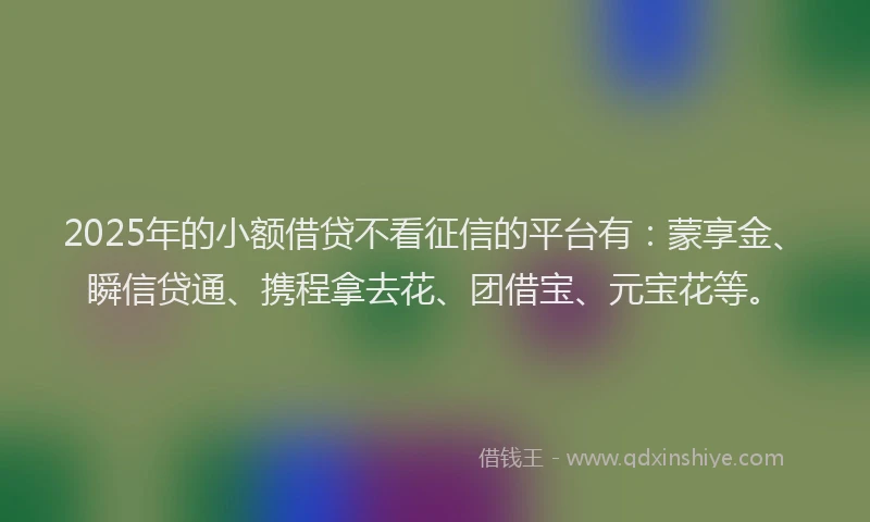 2025年的小额借贷不看征信的平台有：蒙享金、瞬信贷通、携程拿去花、团借宝、元宝花等。