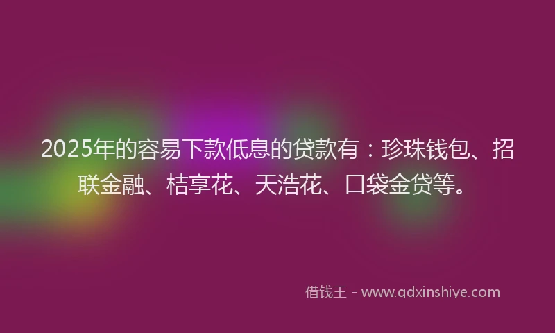 2025年的容易下款低息的贷款有：珍珠钱包、招联金融、桔享花、天浩花、口袋金贷等。