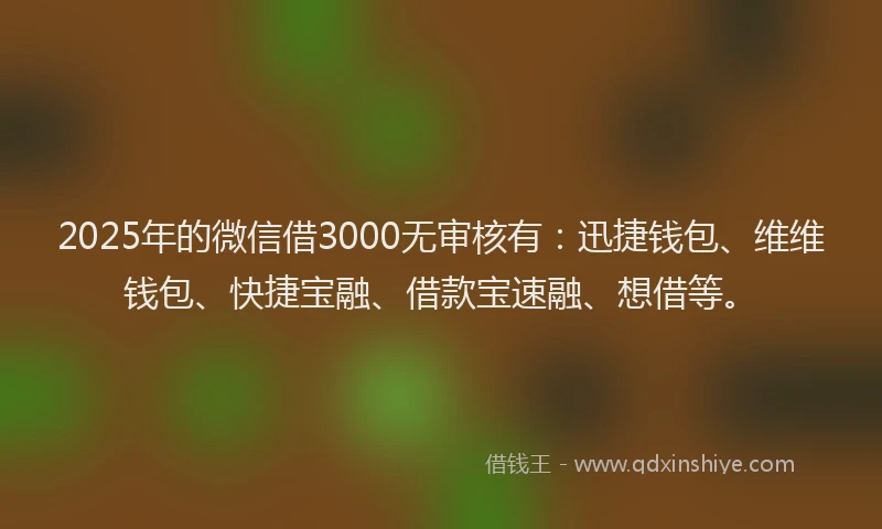 2025年的微信借3000无审核有：迅捷钱包、维维钱包、快捷宝融、借款宝速融、想借等。