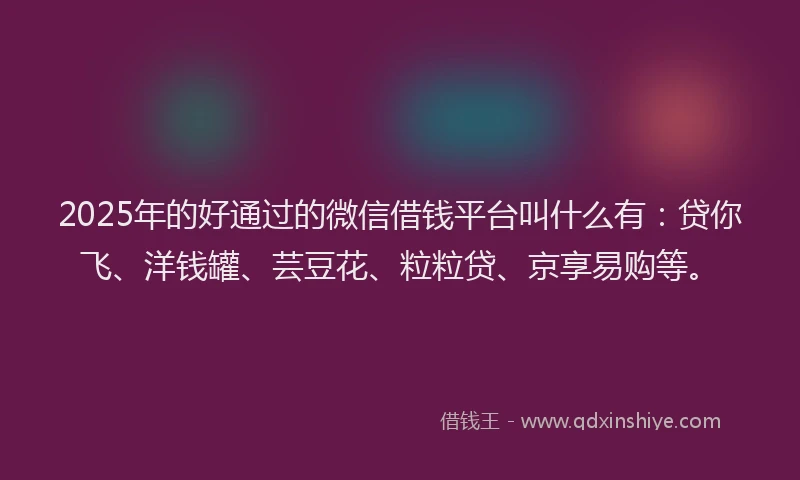 2025年的好通过的微信借钱平台叫什么有：贷你飞、洋钱罐、芸豆花、粒粒贷、京享易购等。