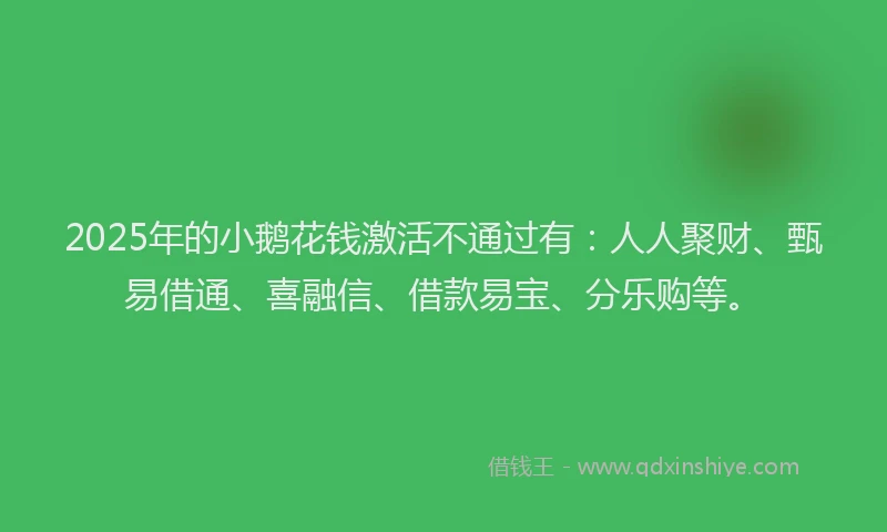 2025年的小鹅花钱激活不通过有：人人聚财、甄易借通、喜融信、借款易宝、分乐购等。