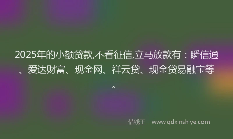 2025年的小额贷款,不看征信,立马放款有：瞬信通、爱达财富、现金网、祥云贷、现金贷易融宝等。