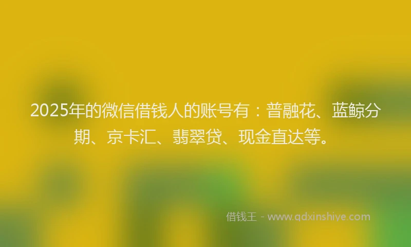 2025年的微信借钱人的账号有：普融花、蓝鲸分期、京卡汇、翡翠贷、现金直达等。