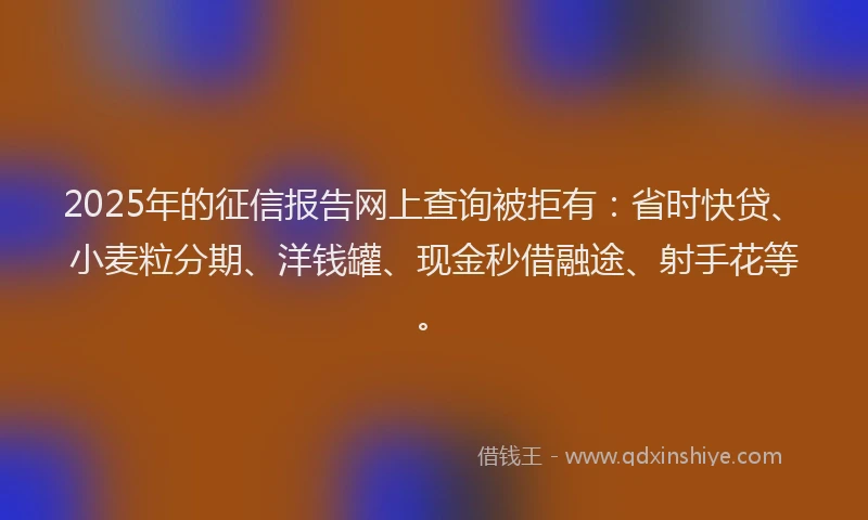 2025年的征信报告网上查询被拒有：省时快贷、小麦粒分期、洋钱罐、现金秒借融途、射手花等。