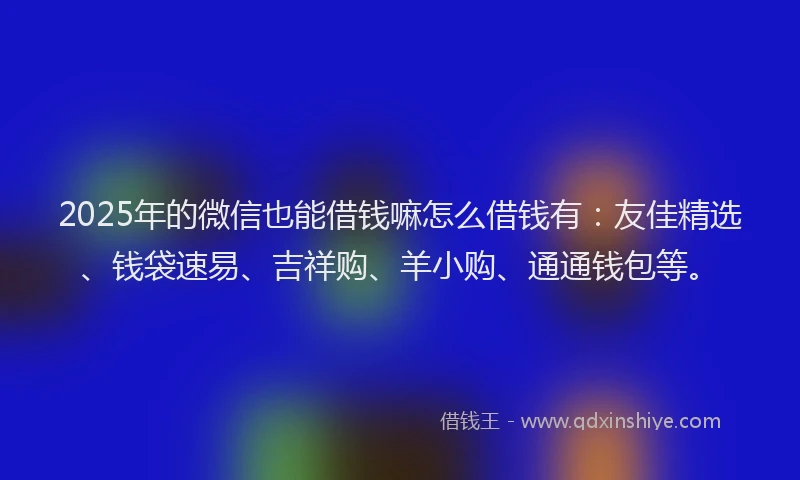2025年的微信也能借钱嘛怎么借钱有：友佳精选、钱袋速易、吉祥购、羊小购、通通钱包等。