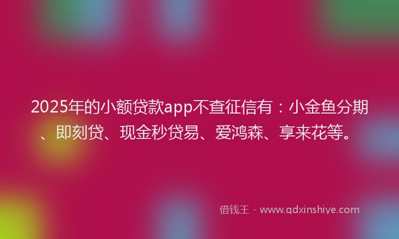 2025年的小额贷款app不查征信有：小金鱼分期、即刻贷、现金秒贷易、爱鸿森、享来花等。