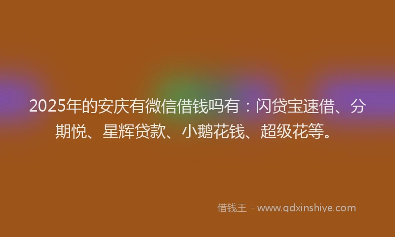 2025年的安庆有微信借钱吗有：闪贷宝速借、分期悦、星辉贷款、小鹅花钱、超级花等。