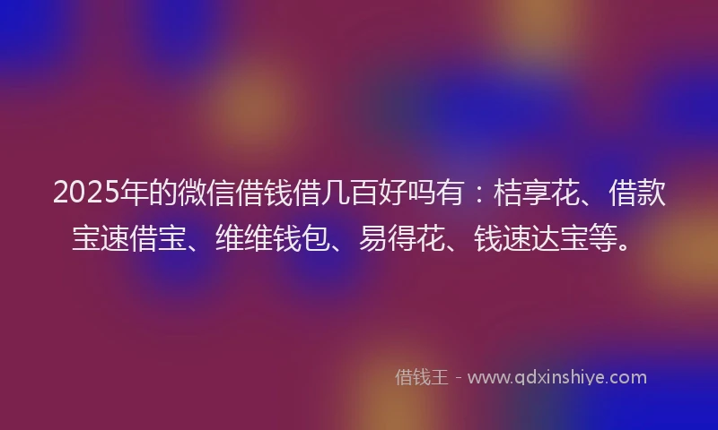 2025年的微信借钱借几百好吗有：桔享花、借款宝速借宝、维维钱包、易得花、钱速达宝等。