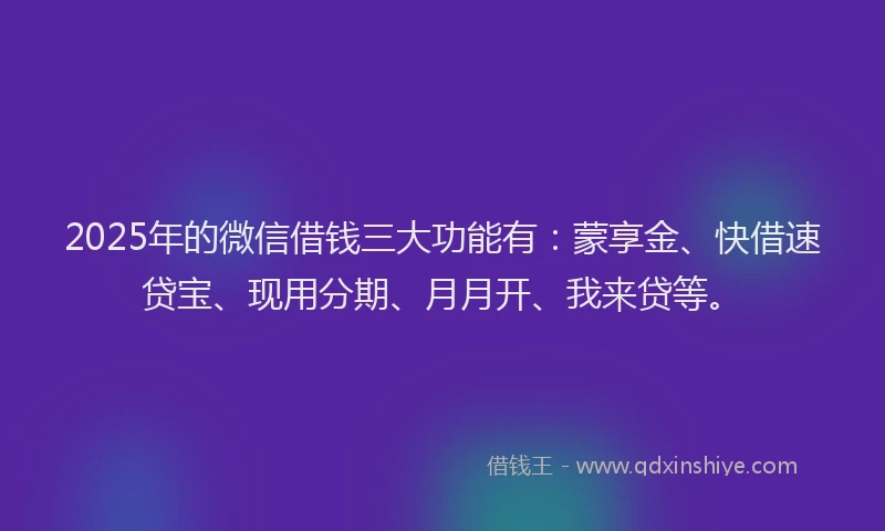 2025年的微信借钱三大功能有：蒙享金、快借速贷宝、现用分期、月月开、我来贷等。