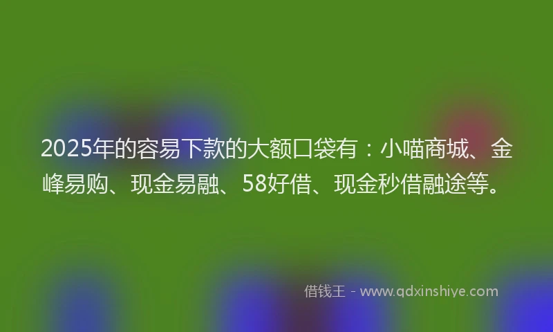 2025年的容易下款的大额口袋有：小喵商城、金峰易购、现金易融、58好借、现金秒借融途等。