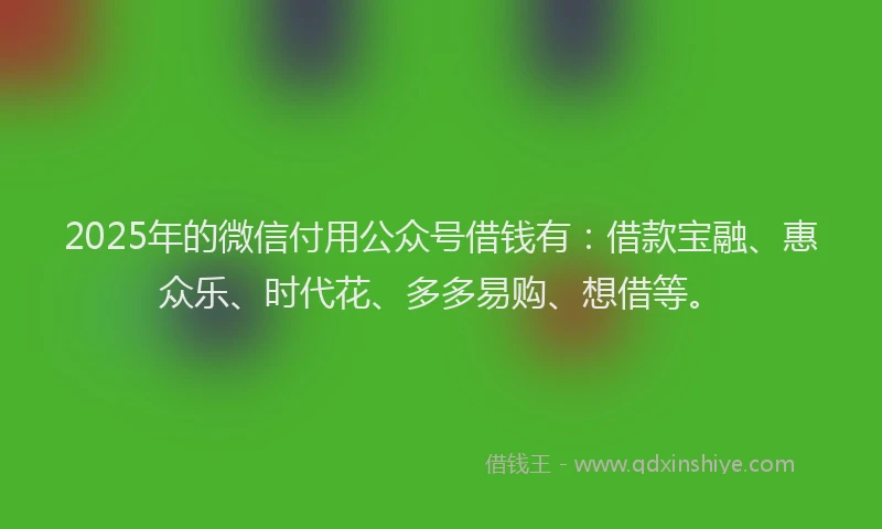 2025年的微信付用公众号借钱有：借款宝融、惠众乐、时代花、多多易购、想借等。