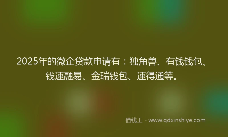 2025年的微企贷款申请有：独角兽、有钱钱包、钱速融易、金瑞钱包、速得通等。