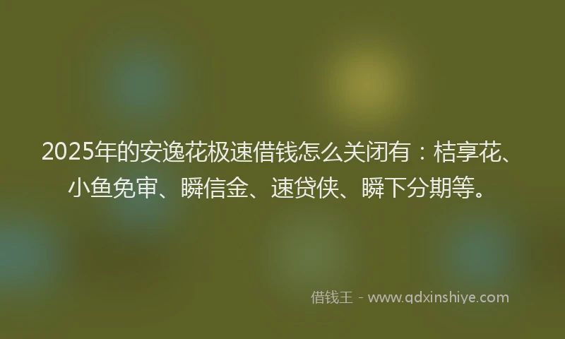 2025年的安逸花极速借钱怎么关闭有：桔享花、小鱼免审、瞬信金、速贷侠、瞬下分期等。