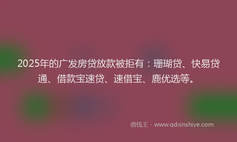 2025年的广发房贷放款被拒有：珊瑚贷、快易贷通、借款宝速贷、速借宝、鹿优选等。