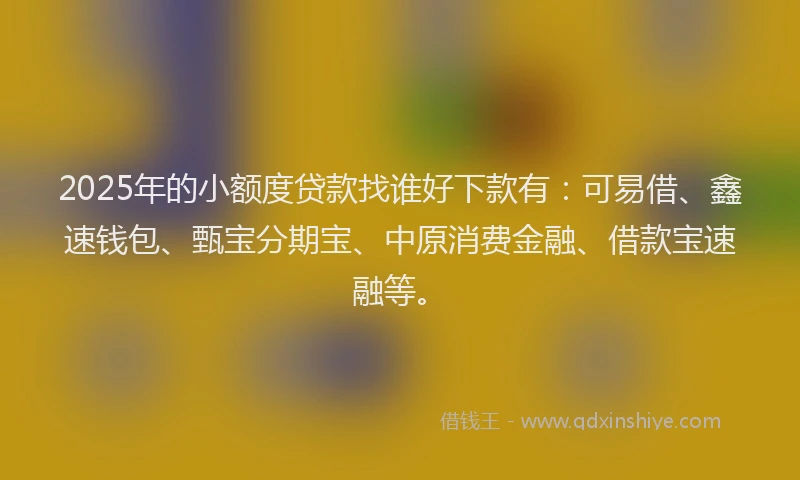 2025年的小额度贷款找谁好下款有：可易借、鑫速钱包、甄宝分期宝、中原消费金融、借款宝速融等。