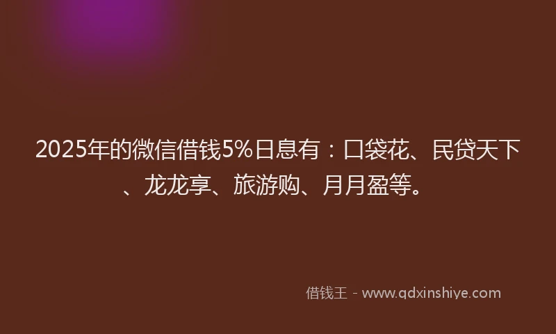 2025年的微信借钱5%日息有：口袋花、民贷天下、龙龙享、旅游购、月月盈等。