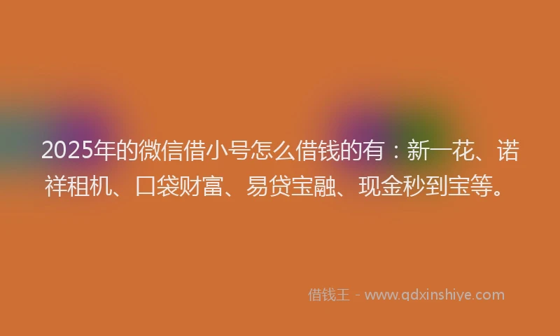 2025年的微信借小号怎么借钱的有：新一花、诺祥租机、口袋财富、易贷宝融、现金秒到宝等。