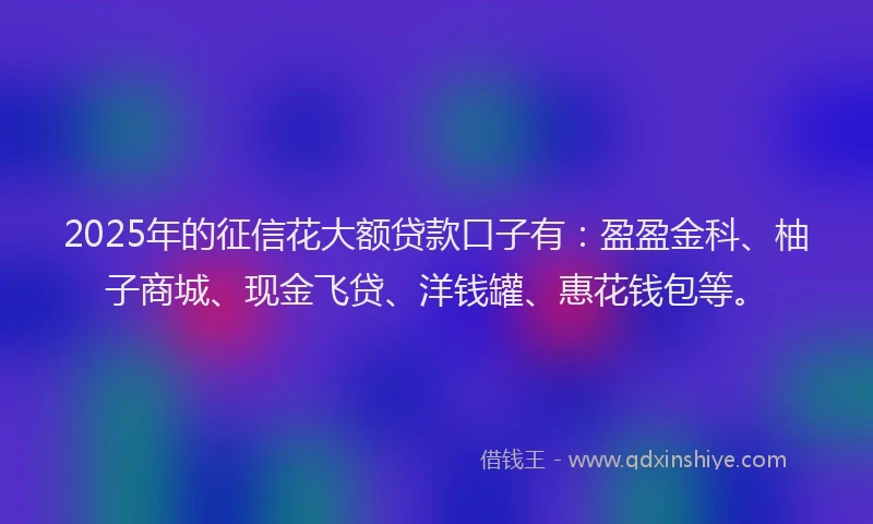 2025年的征信花大额贷款口子有：盈盈金科、柚子商城、现金飞贷、洋钱罐、惠花钱包等。