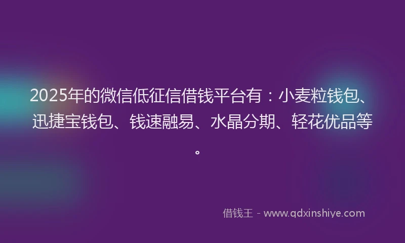 2025年的微信低征信借钱平台有：小麦粒钱包、迅捷宝钱包、钱速融易、水晶分期、轻花优品等。