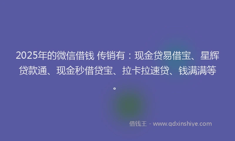 2025年的微信借钱 传销有：现金贷易借宝、星辉贷款通、现金秒借贷宝、拉卡拉速贷、钱满满等。