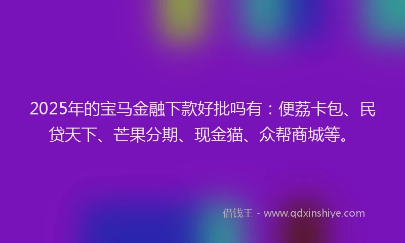 2025年的宝马金融下款好批吗有：便荔卡包、民贷天下、芒果分期、现金猫、众帮商城等。