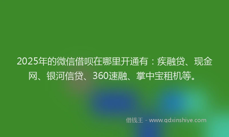 2025年的微信借呗在哪里开通有：疾融贷、现金网、银河信贷、360速融、掌中宝租机等。