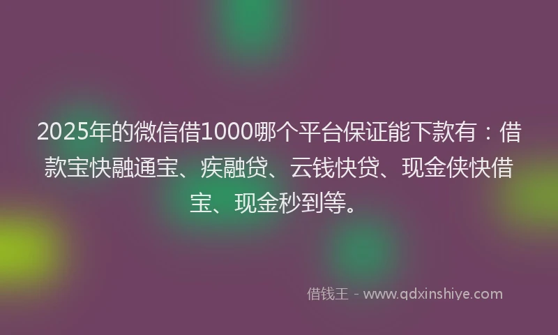 2025年的微信借1000哪个平台保证能下款有：借款宝快融通宝、疾融贷、云钱快贷、现金侠快借宝、现金秒到等。