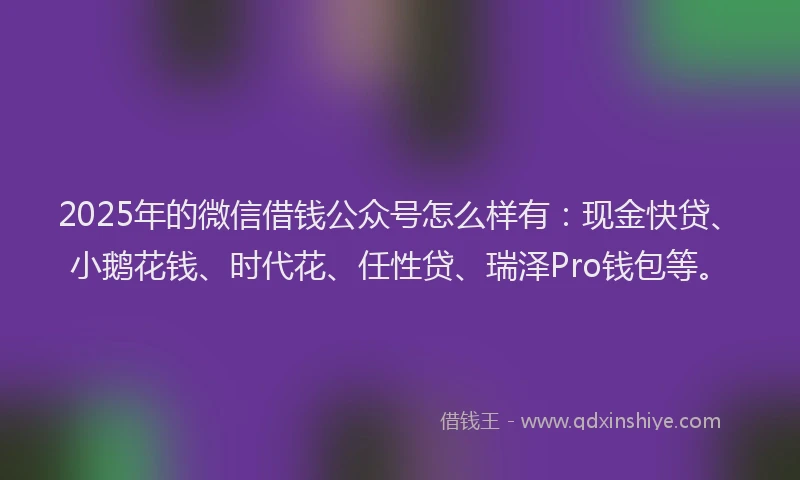 2025年的微信借钱公众号怎么样有：现金快贷、小鹅花钱、时代花、任性贷、瑞泽Pro钱包等。