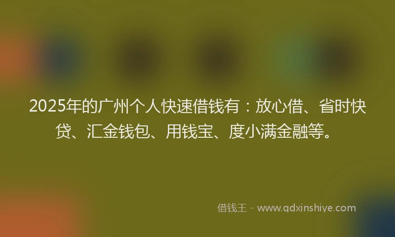 2025年的广州个人快速借钱有：放心借、省时快贷、汇金钱包、用钱宝、度小满金融等。