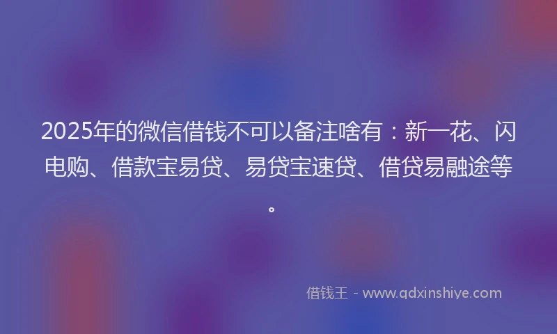 2025年的微信借钱不可以备注啥有：新一花、闪电购、借款宝易贷、易贷宝速贷、借贷易融途等。