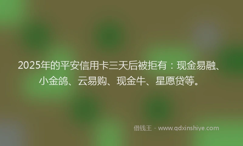 2025年的平安信用卡三天后被拒有：现金易融、小金鸽、云易购、现金牛、星愿贷等。