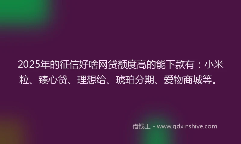 2025年的征信好啥网贷额度高的能下款有：小米粒、臻心贷、理想给、琥珀分期、爱物商城等。