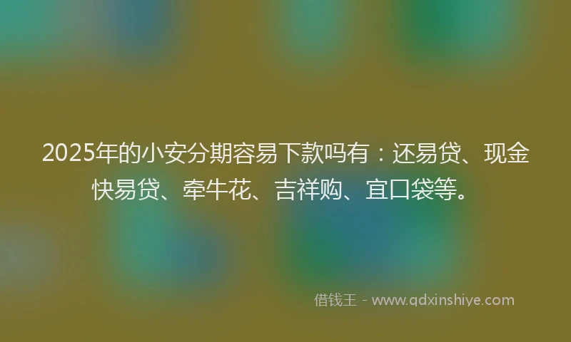 2025年的小安分期容易下款吗有：还易贷、现金快易贷、牵牛花、吉祥购、宜口袋等。
