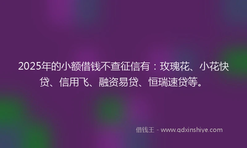 2025年的小额借钱不查征信有：玫瑰花、小花快贷、信用飞、融资易贷、恒瑞速贷等。
