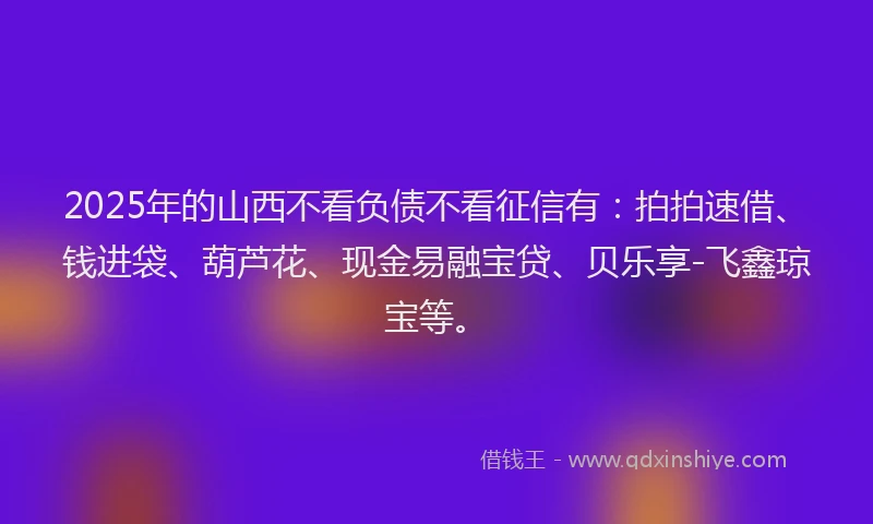 2025年的山西不看负债不看征信有：拍拍速借、钱进袋、葫芦花、现金易融宝贷、贝乐享-飞鑫琼宝等。