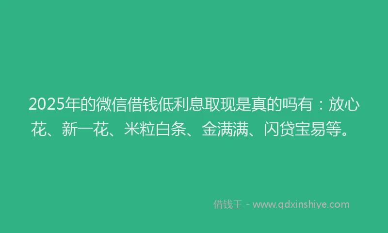 2025年的微信借钱低利息取现是真的吗有：放心花、新一花、米粒白条、金满满、闪贷宝易等。