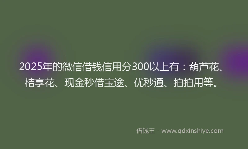 2025年的微信借钱信用分300以上有：葫芦花、桔享花、现金秒借宝途、优秒通、拍拍用等。