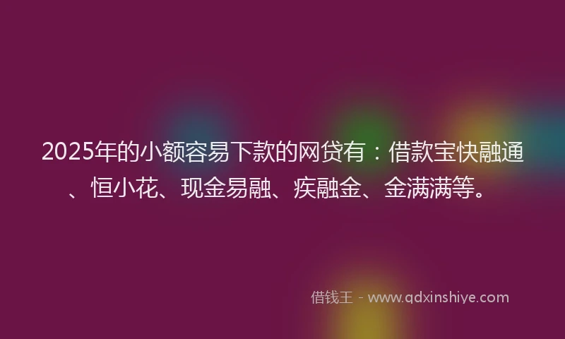 2025年的小额容易下款的网贷有：借款宝快融通、恒小花、现金易融、疾融金、金满满等。