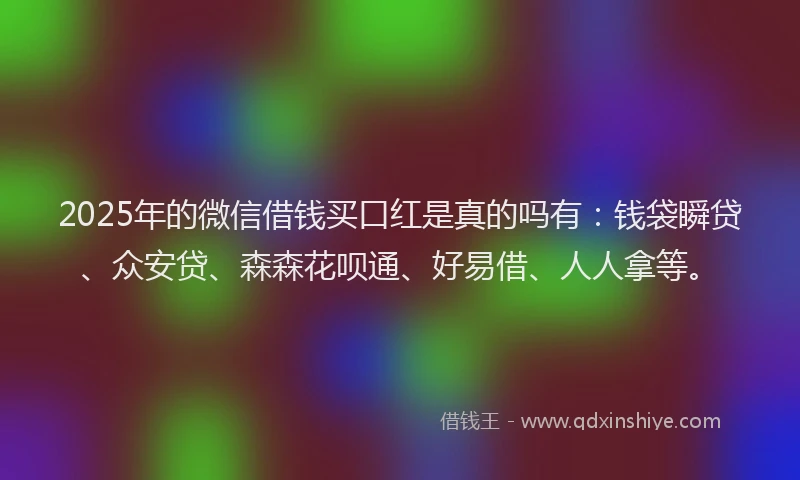 2025年的微信借钱买口红是真的吗有：钱袋瞬贷、众安贷、森森花呗通、好易借、人人拿等。