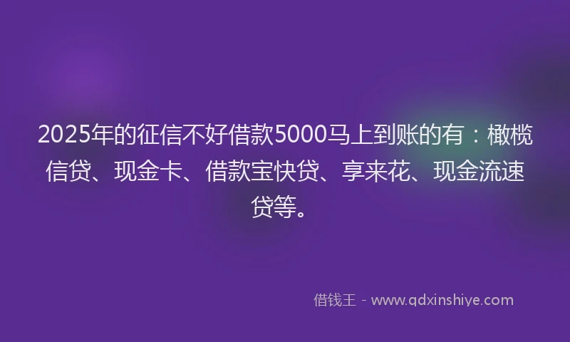 2025年的征信不好借款5000马上到账的有：橄榄信贷、现金卡、借款宝快贷、享来花、现金流速贷等。