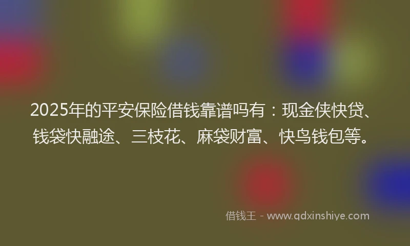2025年的平安保险借钱靠谱吗有：现金侠快贷、钱袋快融途、三枝花、麻袋财富、快鸟钱包等。