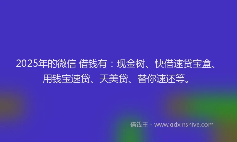 2025年的微信 借钱有：现金树、快借速贷宝盒、用钱宝速贷、天美贷、替你速还等。