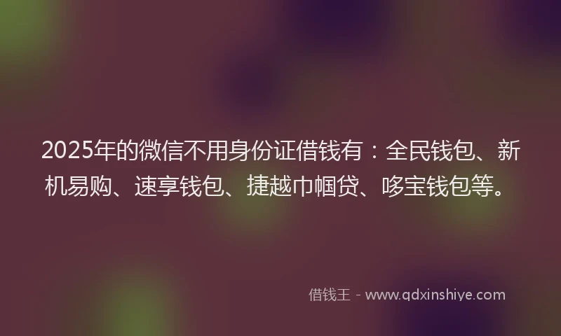 2025年的微信不用身份证借钱有：全民钱包、新机易购、速享钱包、捷越巾帼贷、哆宝钱包等。