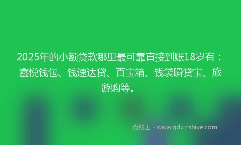 2025年的小额贷款哪里最可靠直接到账18岁有：鑫悦钱包、钱速达贷、百宝箱、钱袋瞬贷宝、旅游购等。