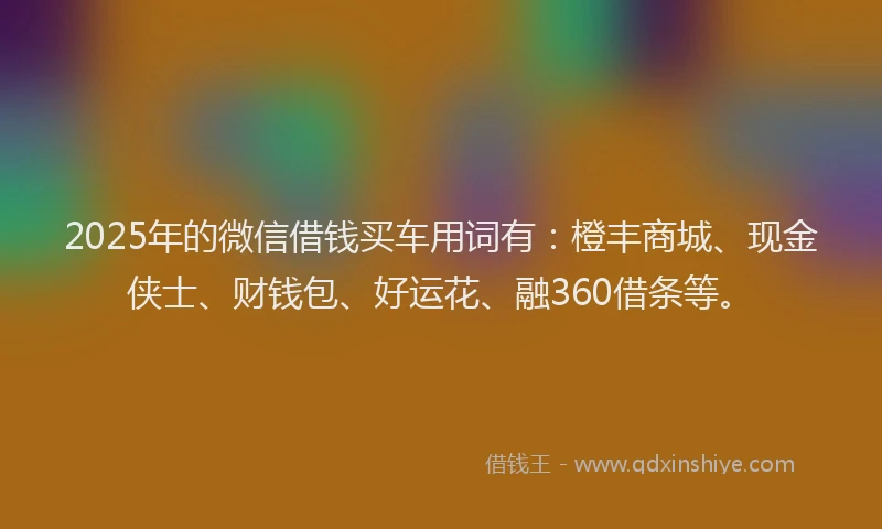 2025年的微信借钱买车用词有：橙丰商城、现金侠士、财钱包、好运花、融360借条等。
