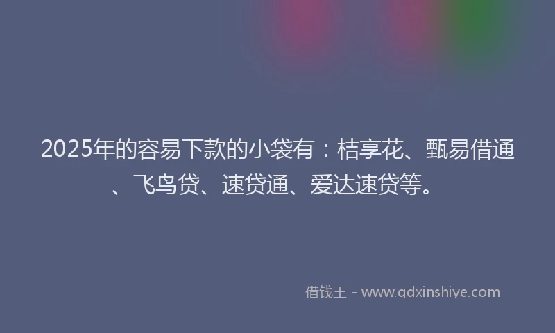 2025年的容易下款的小袋有：桔享花、甄易借通、飞鸟贷、速贷通、爱达速贷等。