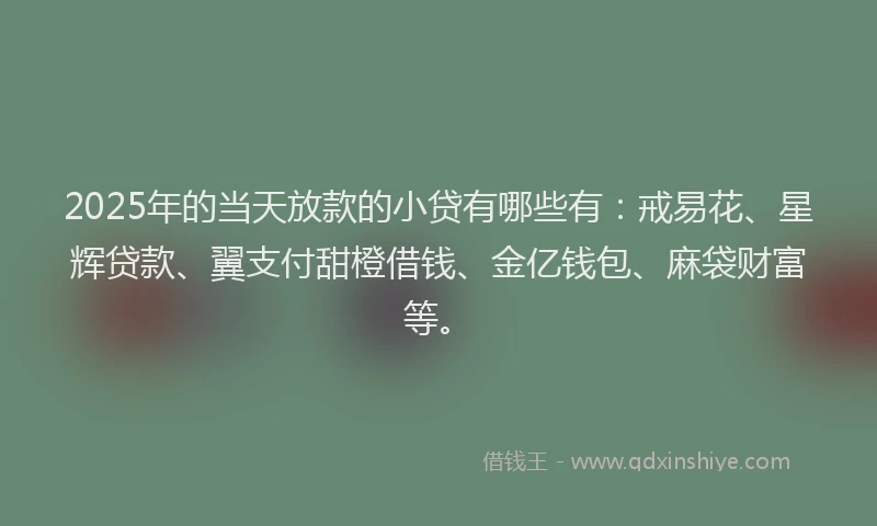 2025年的当天放款的小贷有哪些有：戒易花、星辉贷款、翼支付甜橙借钱、金亿钱包、麻袋财富等。