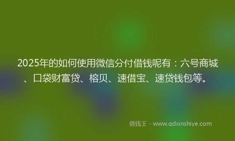 2025年的如何使用微信分付借钱呢有：六号商城、口袋财富贷、榕贝、速借宝、速贷钱包等。
