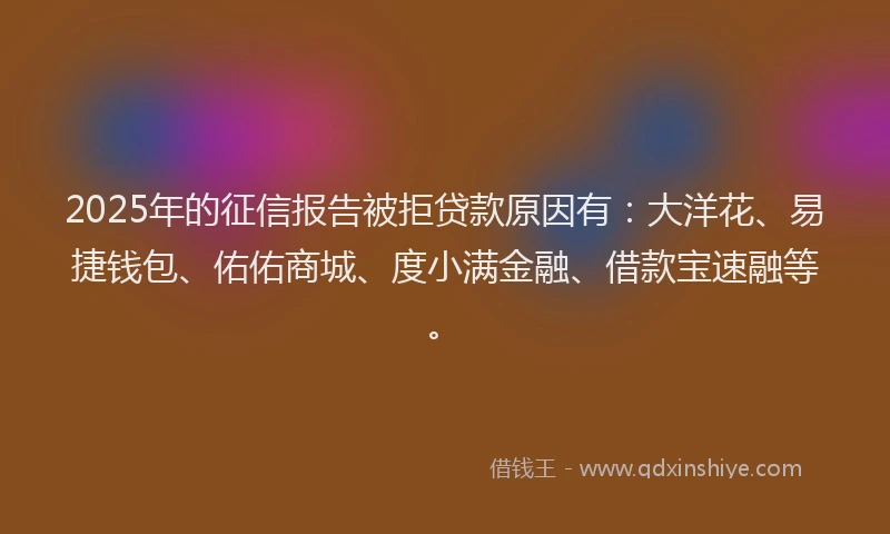 2025年的征信报告被拒贷款原因有：大洋花、易捷钱包、佑佑商城、度小满金融、借款宝速融等。